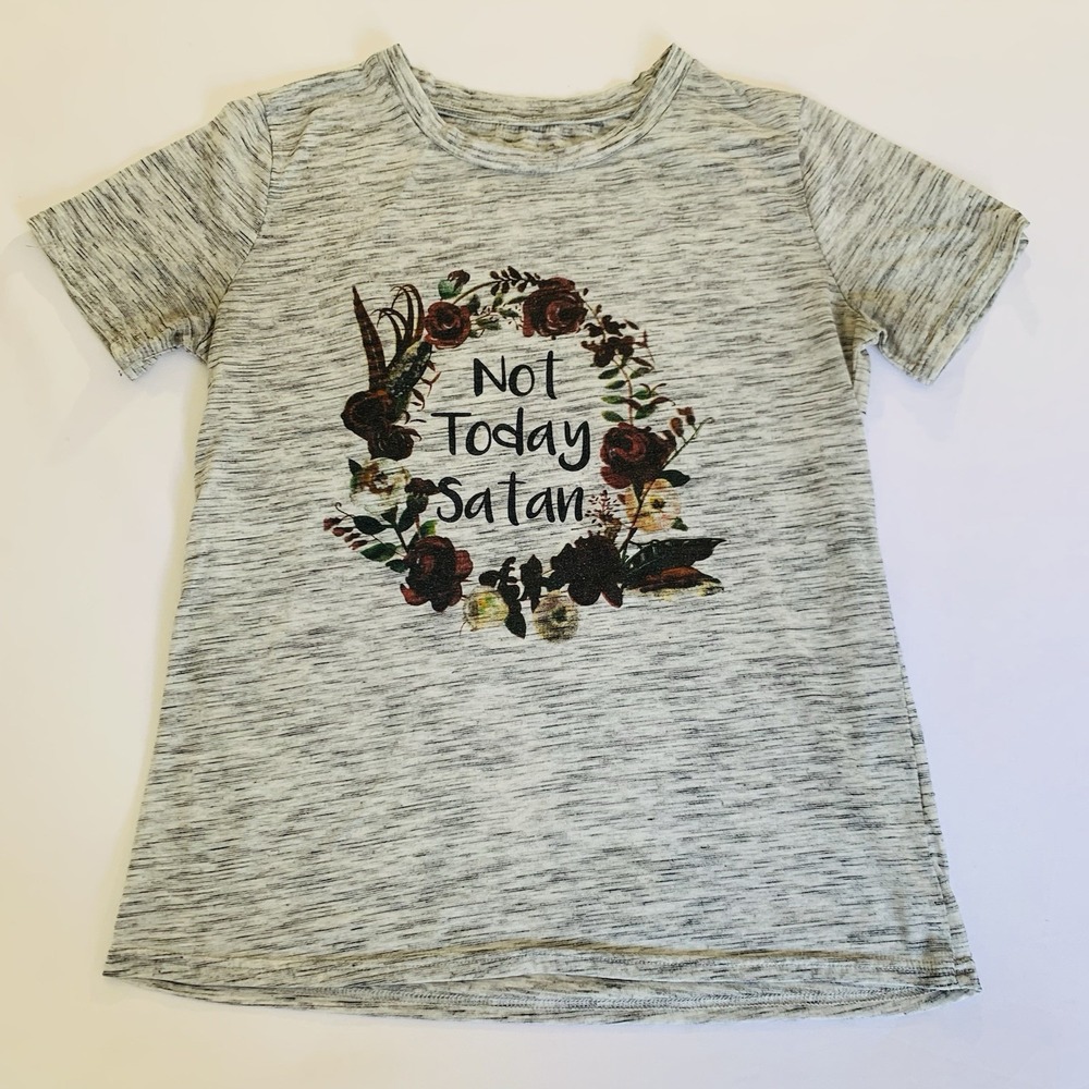 Not Today Satan Graphic T-Shirt‎ Religious Christian Funny Heather Gray Floral